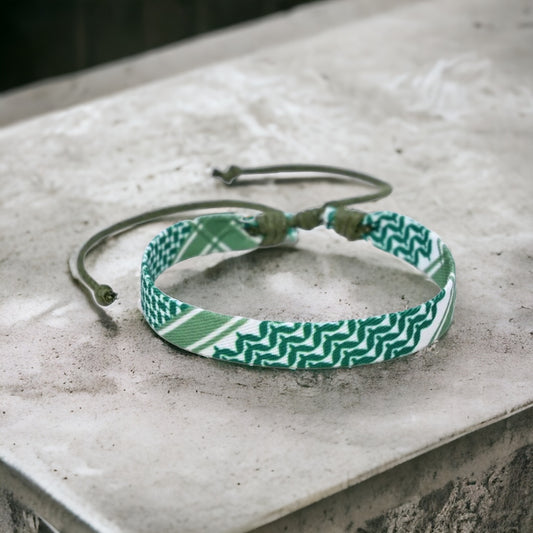 Handmade Palestinian Kuffiyah Bracelet – Green/White, High-Quality Fabric, Adjustable, Support Palestine