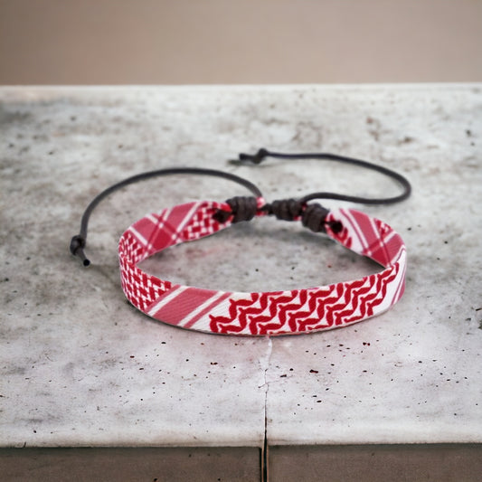 Handmade Palestinian Kuffiyah Bracelet – Red/White, High-Quality Fabric, Adjustable, Support Palestine